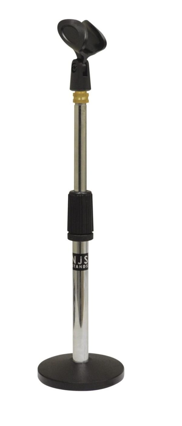 Telescopic Desk Microphone Stand With Round Base and Microphone Clip Sliver